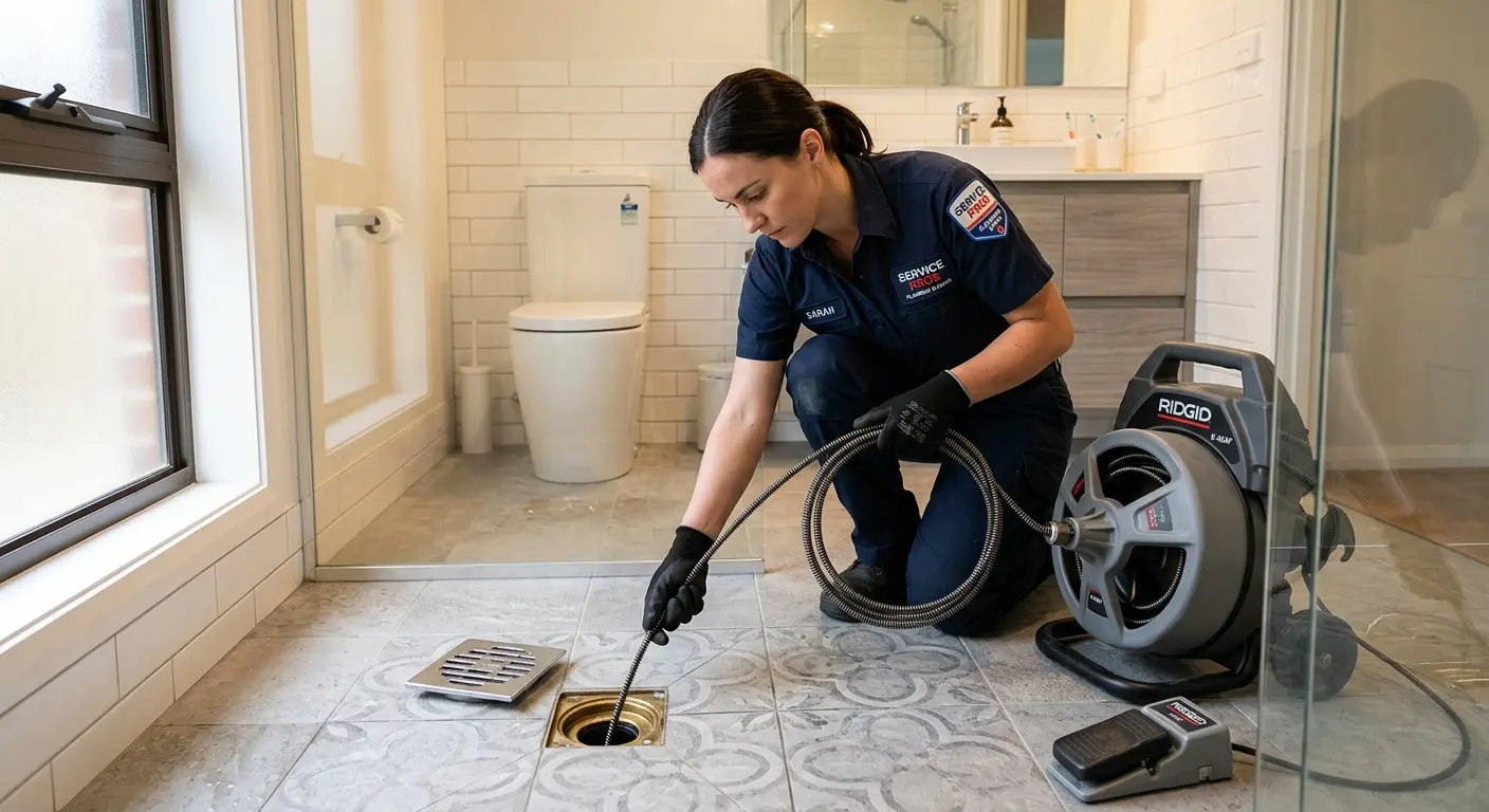Technician clearing a bathroom floor drain for Sewer Line Installation in Mount Olive